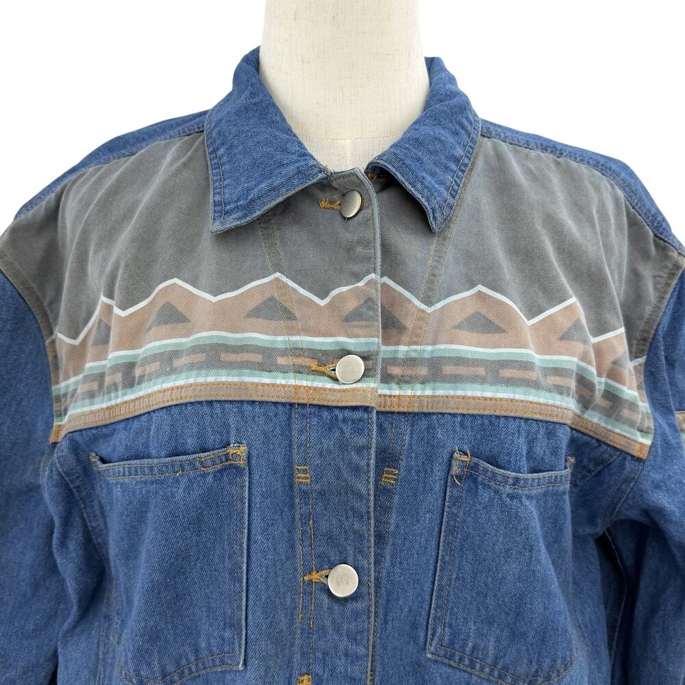 Vintage 90s Europa Denim Jacket Medium Southwestern Aztec Yoke Cowgirl Boho - Picture 2 of 10